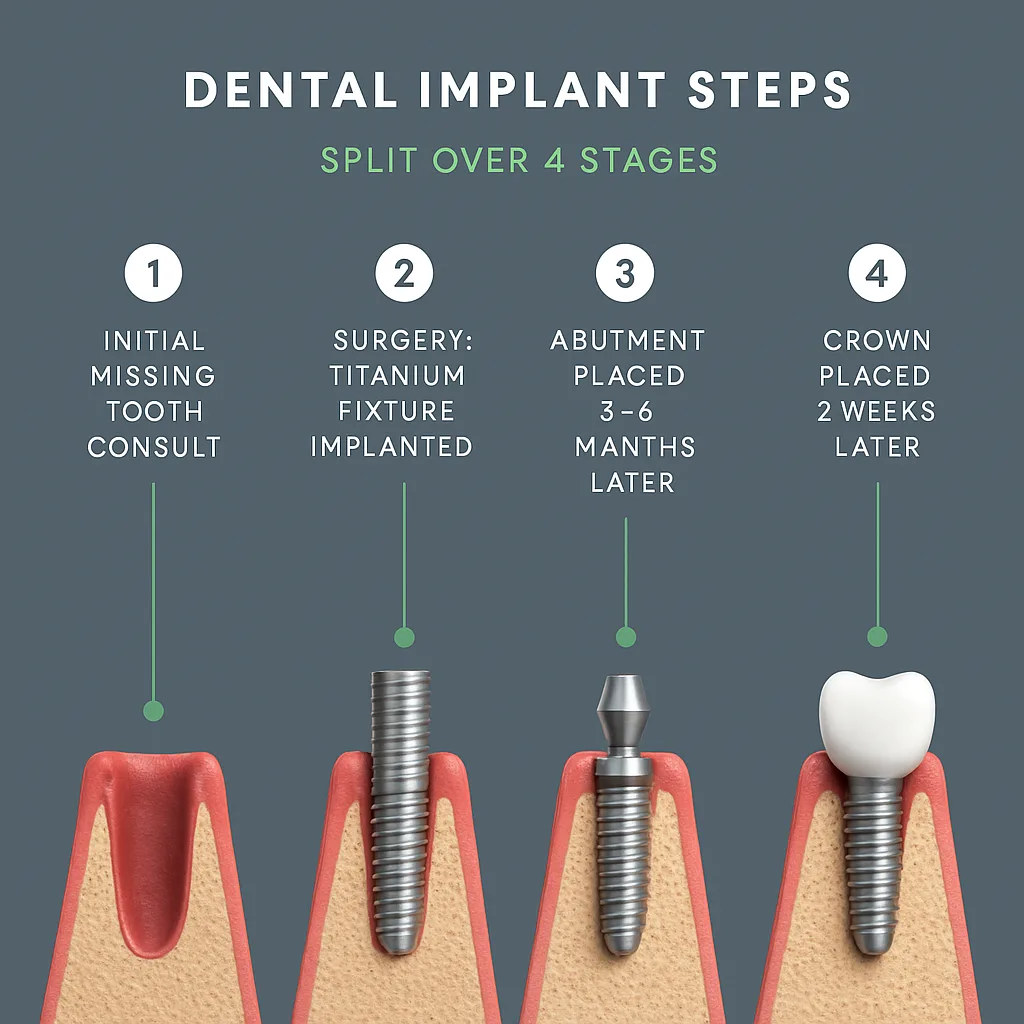 Dental implants step-by-step procedure in Dubai at Crossroads Dental Clinic, showing consultation, implant placement, healing, and crown placement for missing teeth replacement at Sheikh Zayed Road and Deira