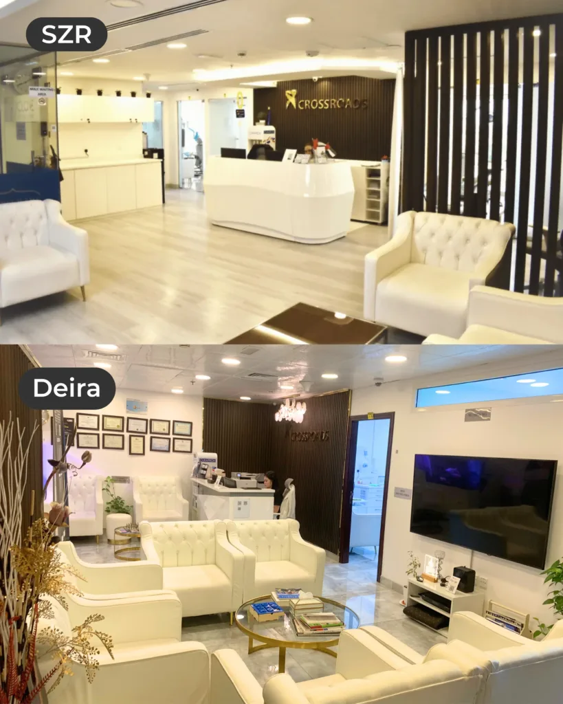 Crossroads Dental Clinic exterior at Sheikh Zayed Road and Deira Dubai offering advanced dental care, dental implants, braces, veneers, teeth whitening, family dentistry