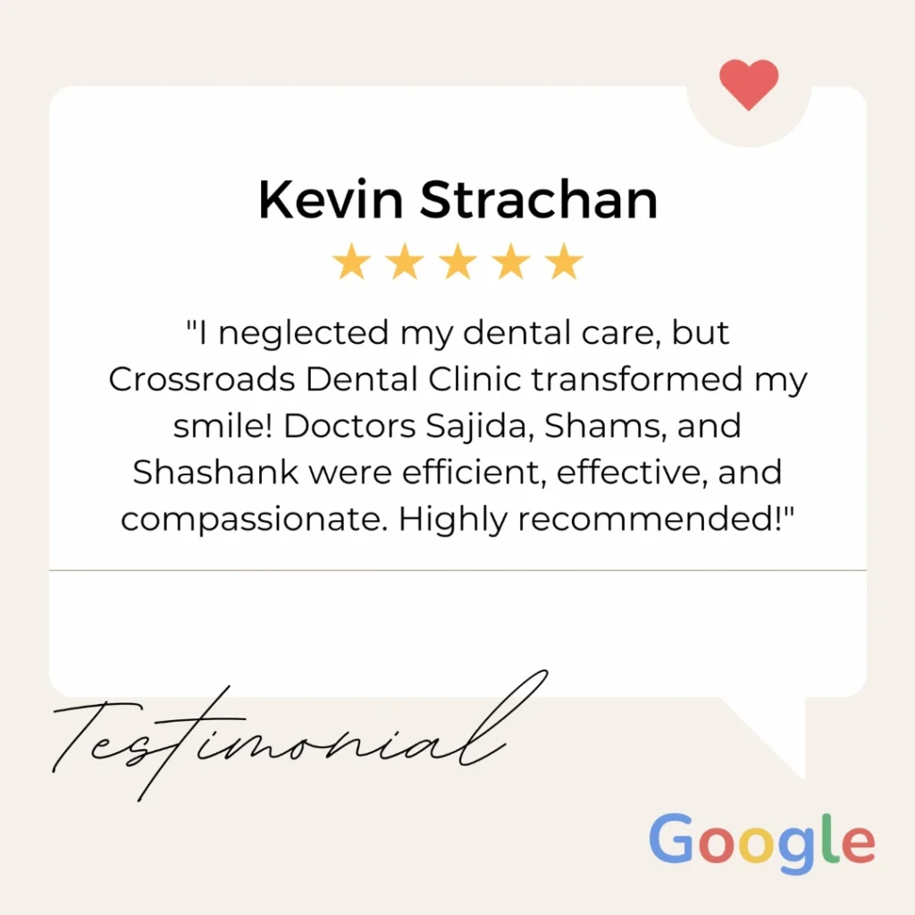Kevin Strachan patient testimonial at Crossroads Dental Clinic Dubai praising Dr. Shams, Dr. Sajida, and Dr. Shashank for transforming his neglected smile with expert dental care and smile makeover services.