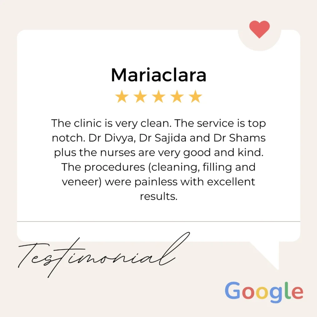 Mariaclara's positive testimonial about Dr. Shams, Dr. Sajida, Dr. Divya, and the nursing team at Crossroads Dental Clinic Dubai highlighting expert teeth cleaning, dental fillings, and dental veneers services.