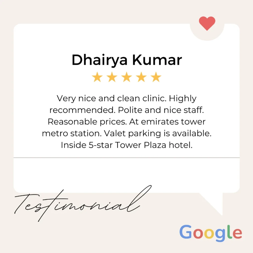Dhairya Kumar testimonial at Crossroads Dental Clinic Sheikh Zayed Road, a clean and modern dental clinic near Emirates Tower Metro Station with valet parking. Experience 5-star hotel-like ambiance, polite staff, and reasonable dental treatment prices.
