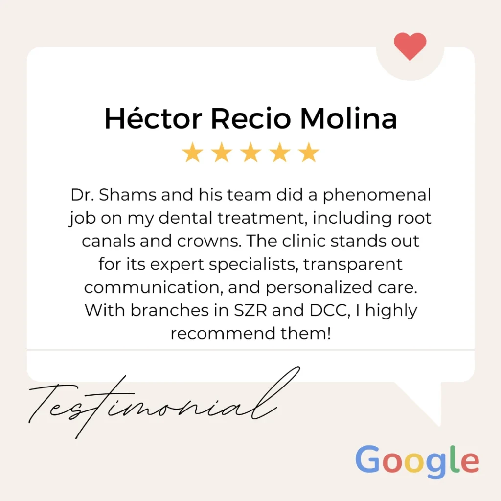 Hector Rico Molina testimonial praising Dr. Shams and team at Crossroads Dental Clinic Dubai for expert root canal treatment and dental crowns, highlighting quality dental care and patient satisfaction.