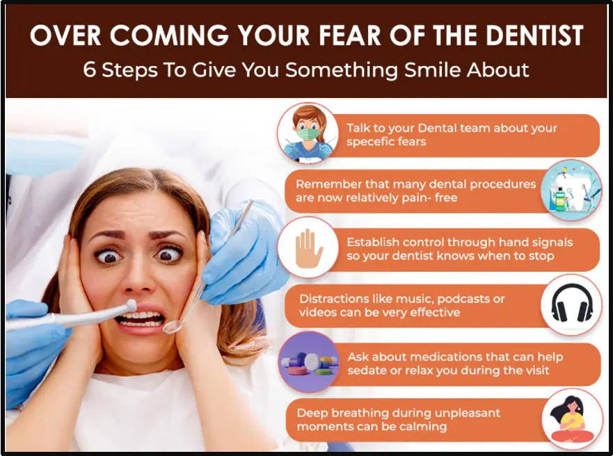 A nervous woman at the dentist receiving reassurance and support, illustrating six steps to overcome fear of the dentist at Crossroads Dental Clinic Dubai.