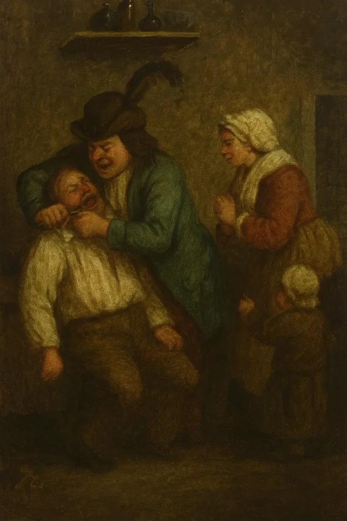Historical painting of a dentist performing a painful tooth extraction, showing old-style dental techniques.