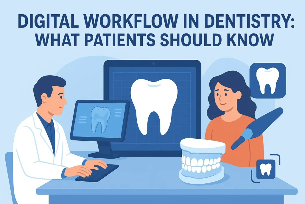 Illustration of a dentist using digital tools and a patient reviewing 3D dental scans representing digital workflow in dentistry