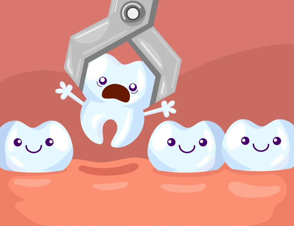 Cartoon illustration of a tooth being gently extracted with dental forceps while other happy teeth watch, representing kid-friendly and painless dental treatment.