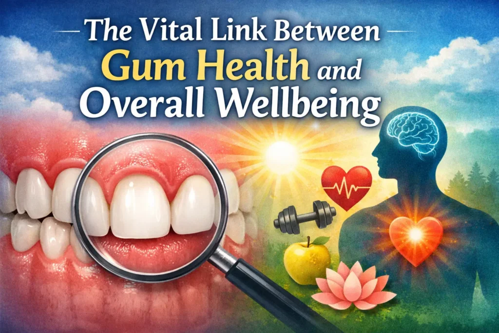 Close-up of healthy gums and teeth with wellness icons illustrating the connection between oral health and overall wellbeing – Dental care in Dubai.