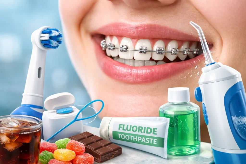 Teeth with metal braces showing white spot lesions alongside fluoride toothpaste, electric toothbrush, and water flosser used to prevent enamel damage during orthodontic treatment
