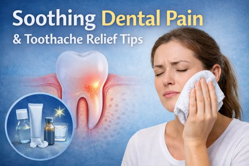 Woman using a cold compress on her cheek for dental pain relief with illustrated toothache remedies and inflammation indicators