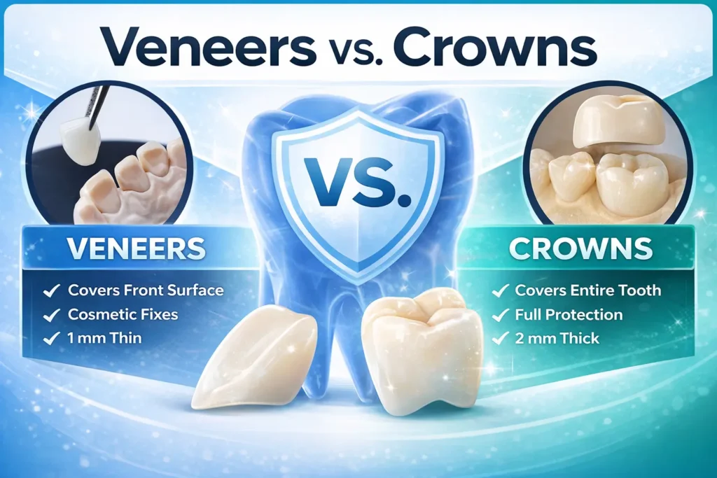 Comparison between dental veneers and dental crowns showing coverage and purpose differences