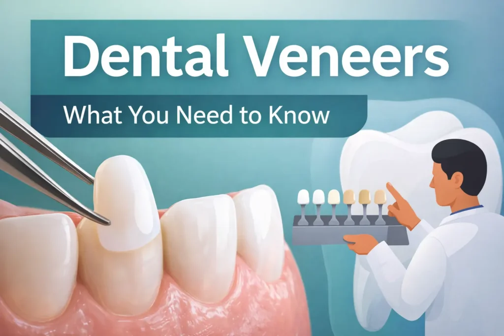 Illustration explaining dental veneers, including types of veneers, benefits, and key considerations before getting dental veneers.