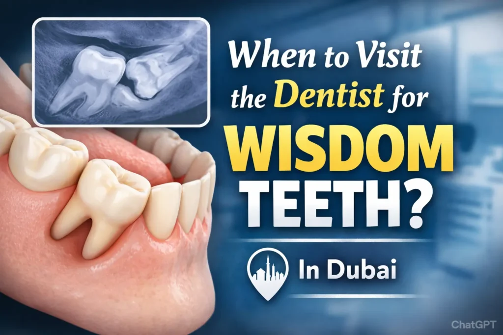 Wisdom teeth consultation in Crossroads Dental Clinic, Dubai showing dental illustration and X-ray for impacted third molar evaluation