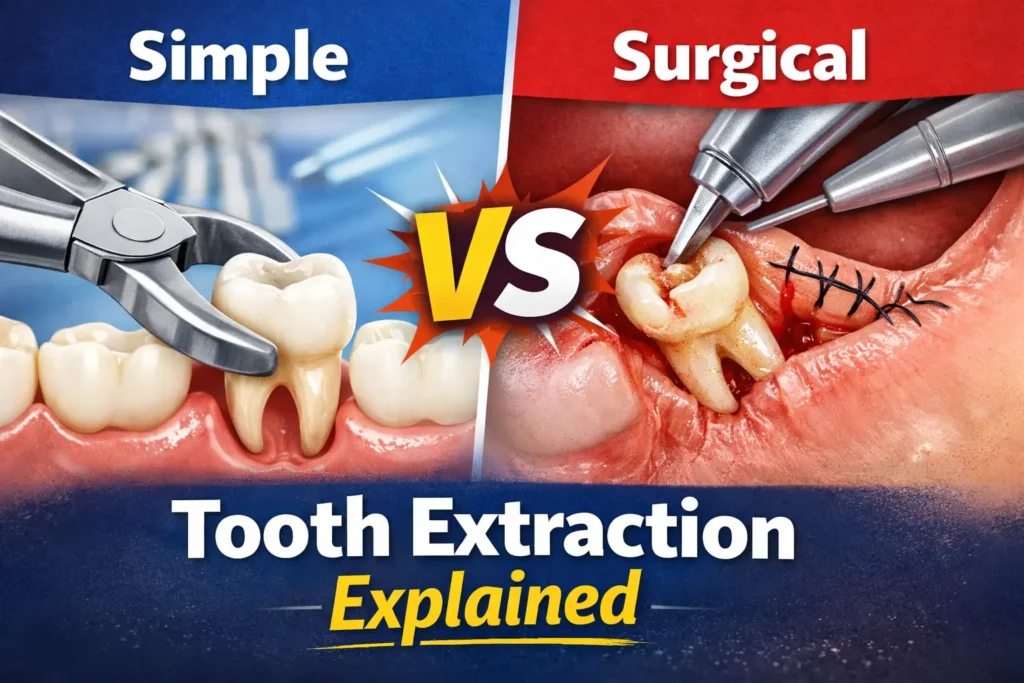 Simple vs surgical tooth extraction comparison illustration for dental blog