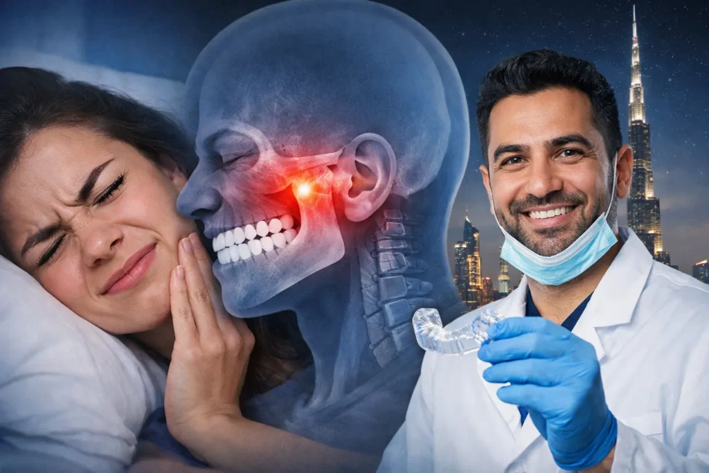 Patient experiencing teeth grinding at night with jaw pain and dentist showing custom night guard treatment for bruxism in Dubai