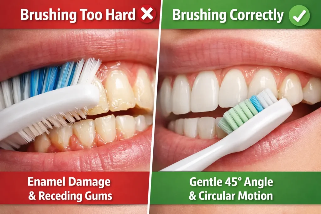 comparison of brushing teeth too hard and gentle brushing technique