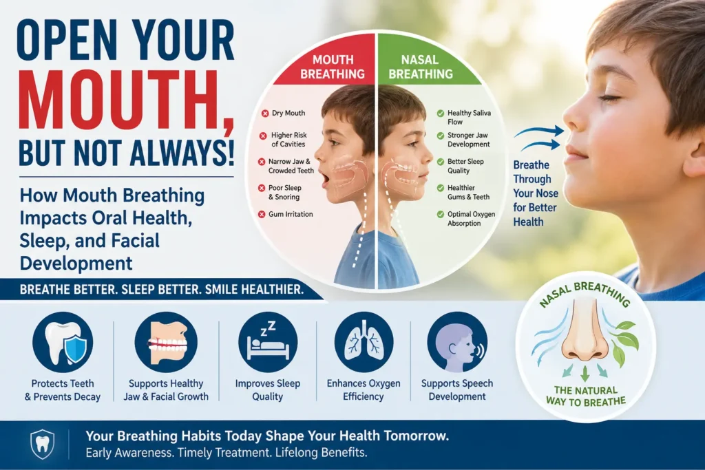 Infographic showing the differences between mouth breathing and nasal breathing, including oral health risks, sleep issues, jaw development, and facial growth effects in children.