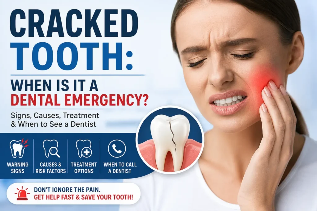 Person experiencing severe tooth pain with cracked tooth illustration showing signs of a dental emergency