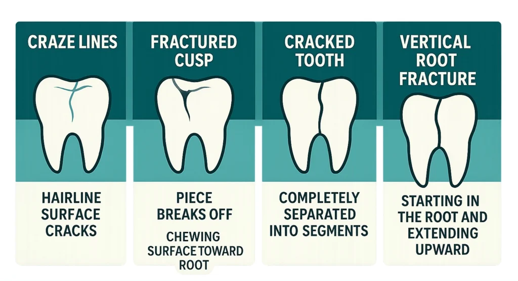 Dental diagram showing different types of cracked teeth