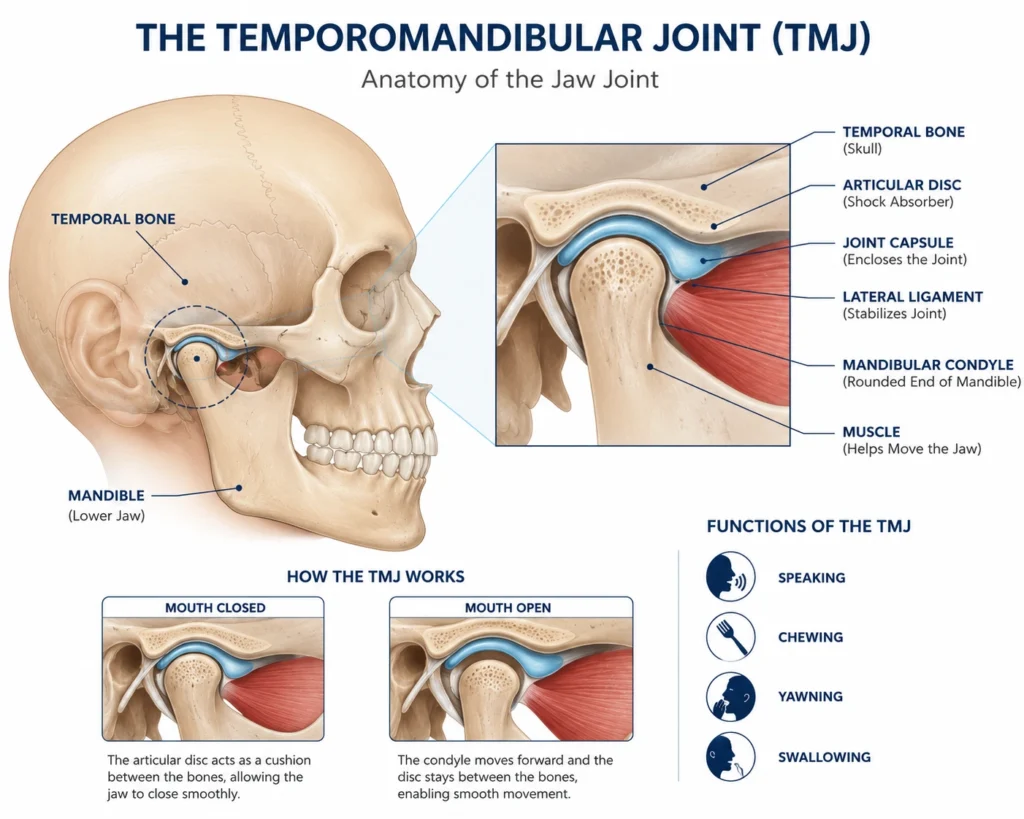Anatomical illustration of the temporomandibular joint showing jaw movement.