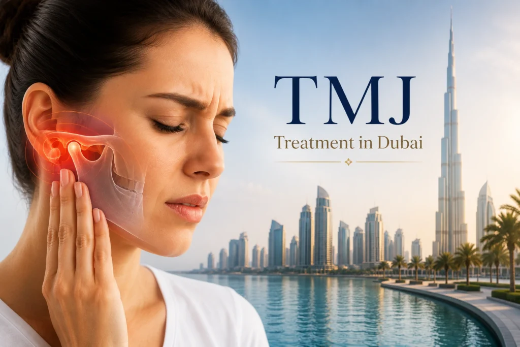 TMJ treatment in Dubai showing jaw joint pain and temporomandibular joint disorder.