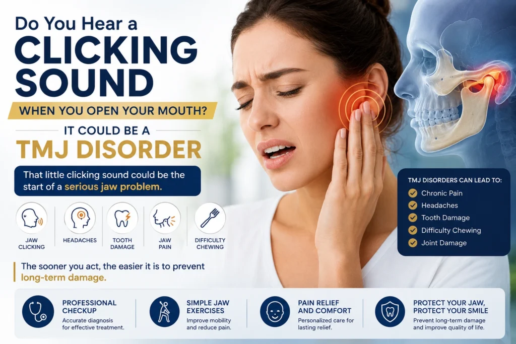 Woman experiencing jaw clicking and TMJ symptoms while opening her mouth.