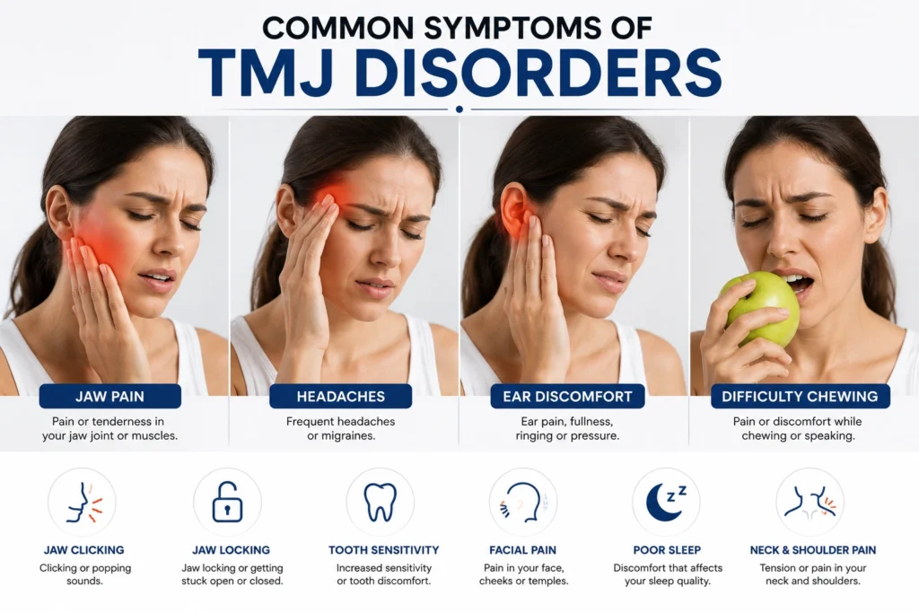 Patient experiencing common TMJ symptoms including jaw pain and headaches.