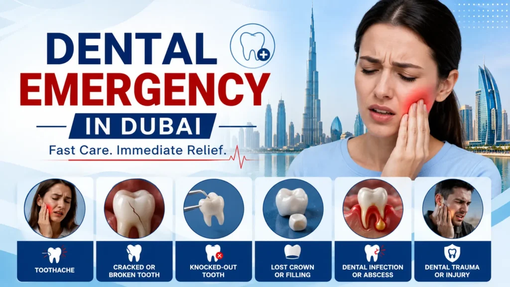Dental emergencies in Dubai showing toothache, broken tooth, knocked-out tooth, lost crown, dental abscess, and emergency dental care at Crossroads Dental Clinic Deira and Sheikh Zayed Road.
