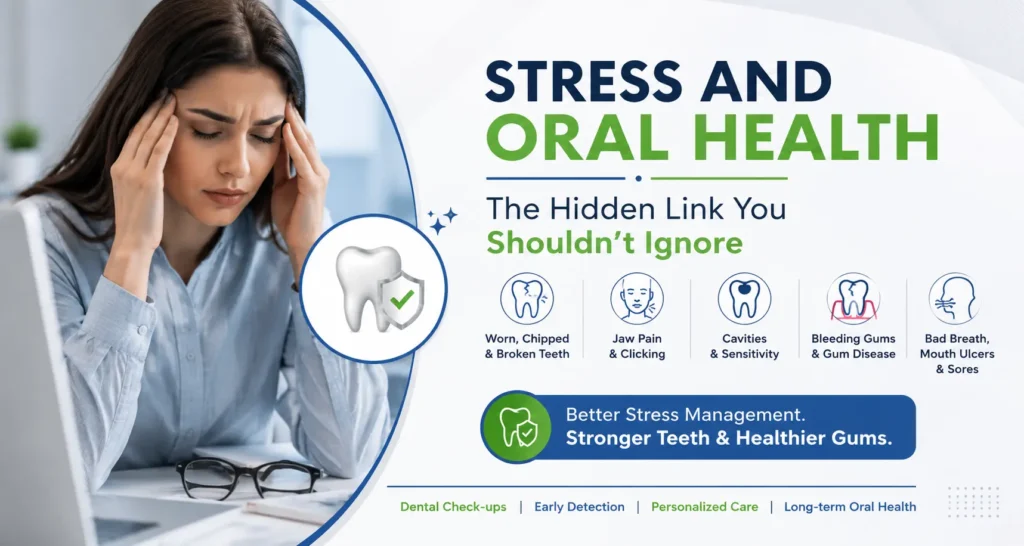 Stress and oral health awareness showing teeth grinding jaw pain cavities bleeding gums and dental care in Dubai