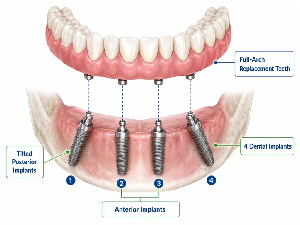 All-on-4 dental implants Dubai with four implants supporting fixed teeth