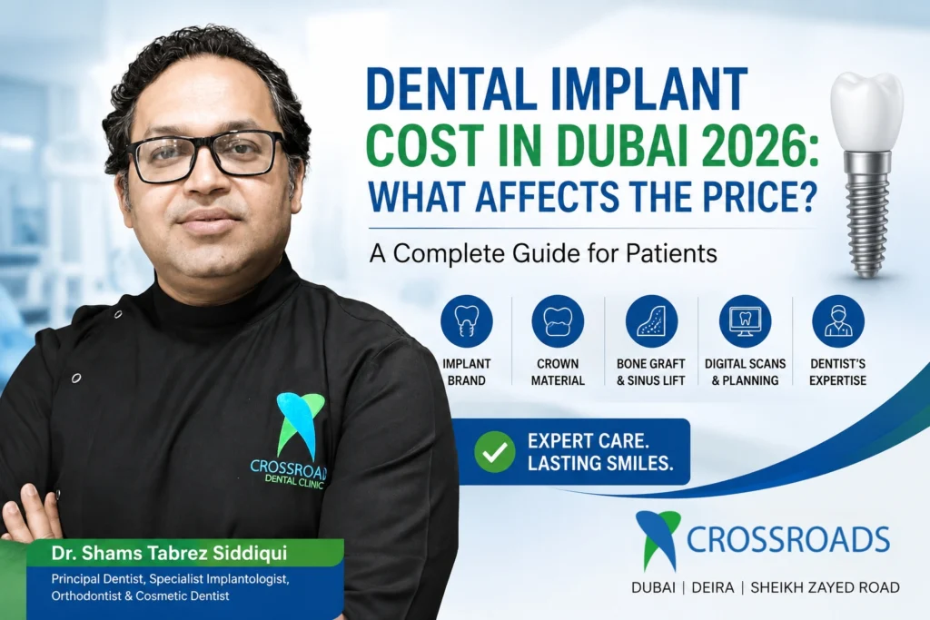 Dr. Shams Tabrez Siddiqui Specialist Implantologist at Crossroads Dental Clinic Dubai explaining dental implant cost in Dubai 2026