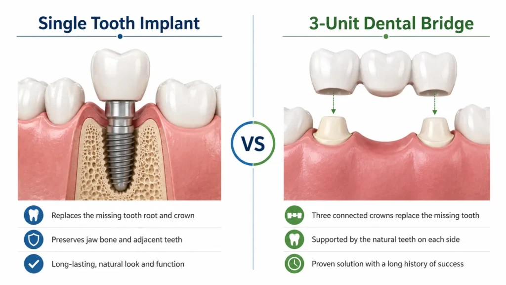 Dental implant vs dental bridge comparison for one missing tooth