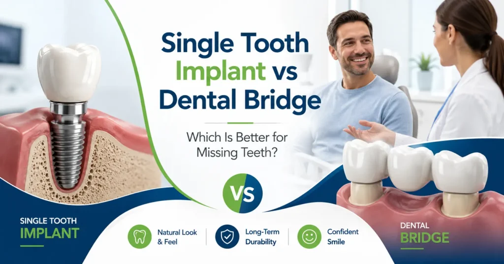Single tooth implant vs dental bridge in Dubai for missing tooth replacement at Crossroads Dental Clinic