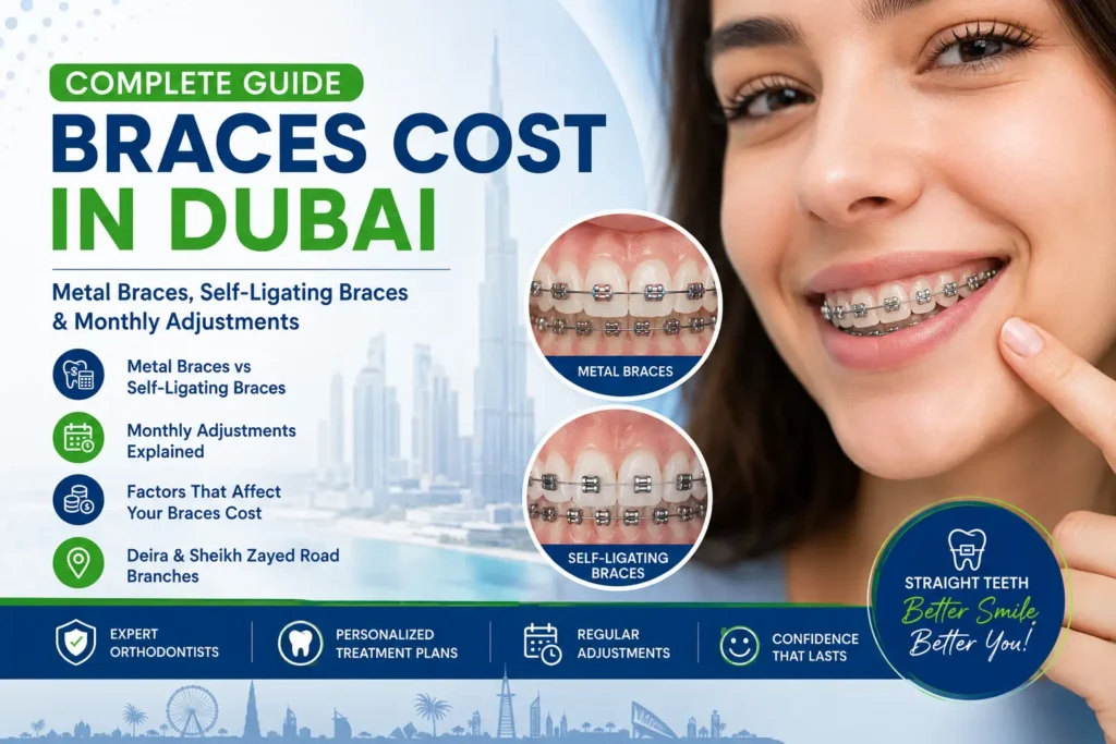 Braces cost Dubai guide comparing metal braces and self-ligating braces with monthly orthodontic adjustments