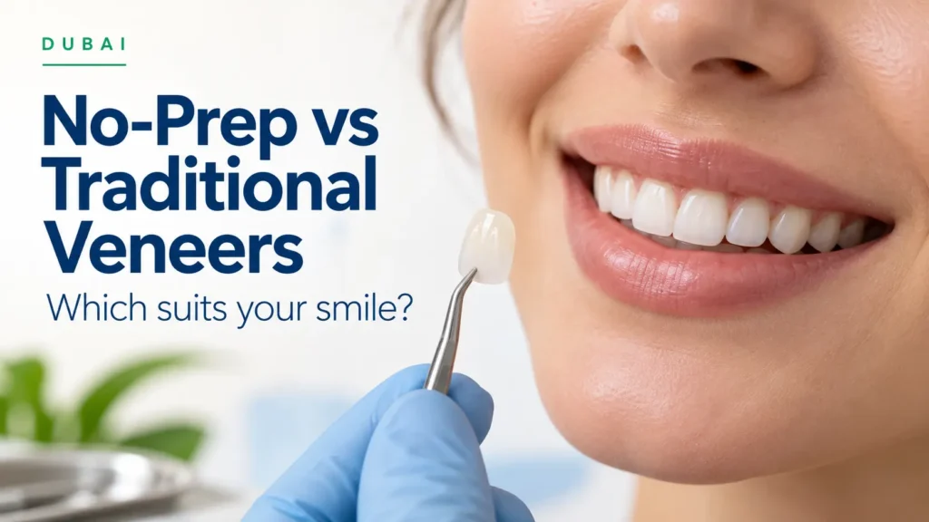 Dental veneer held beside a smiling mouth, with text comparing no-prep and traditional veneers in Dubai.