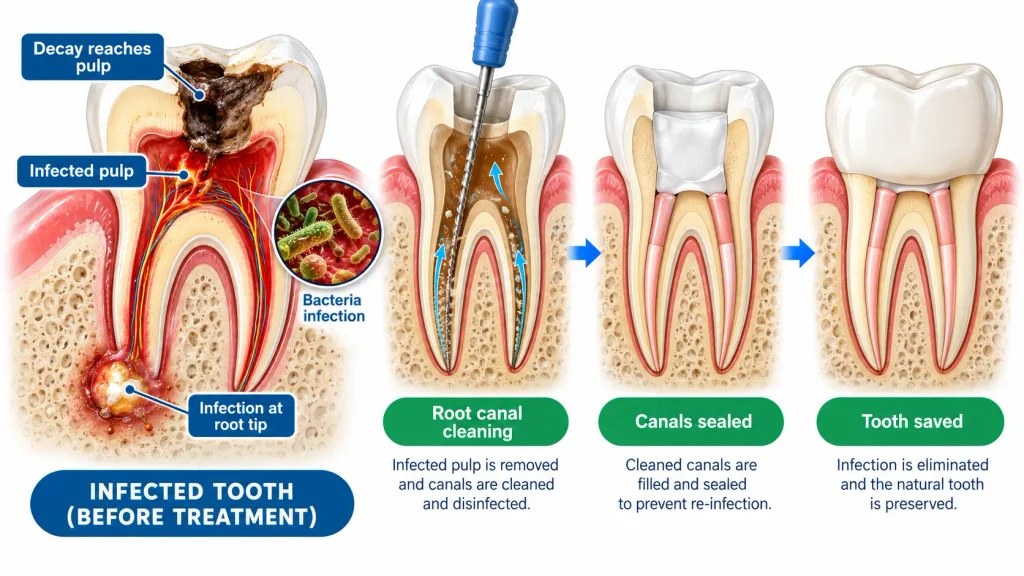 Root canal treatment removing infection from a natural tooth in Dubai