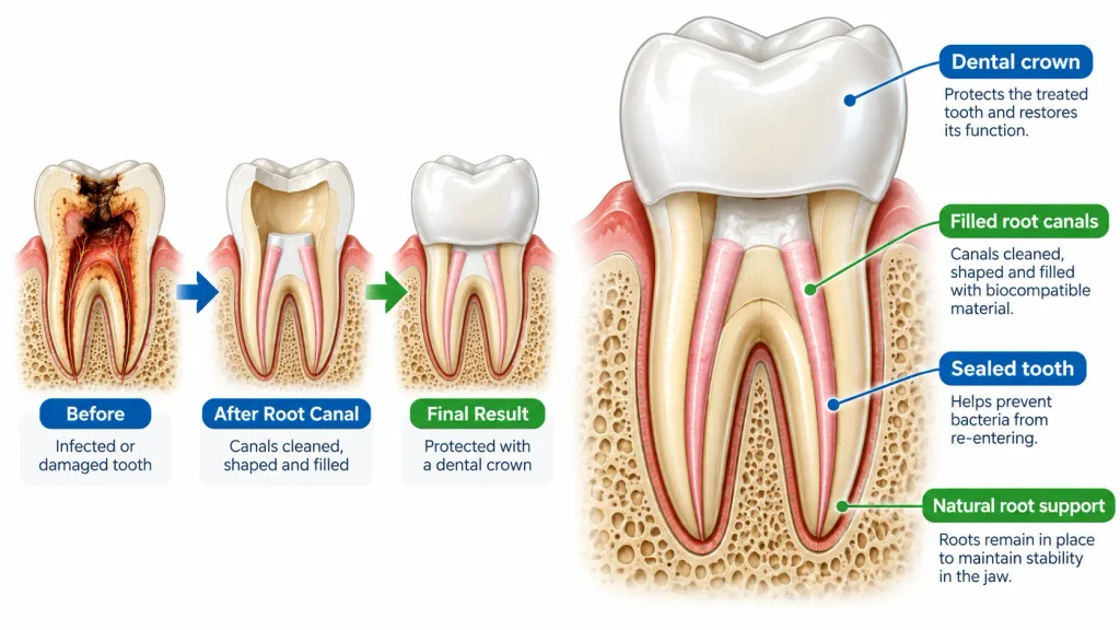 Root canal treated tooth protected with a dental crown