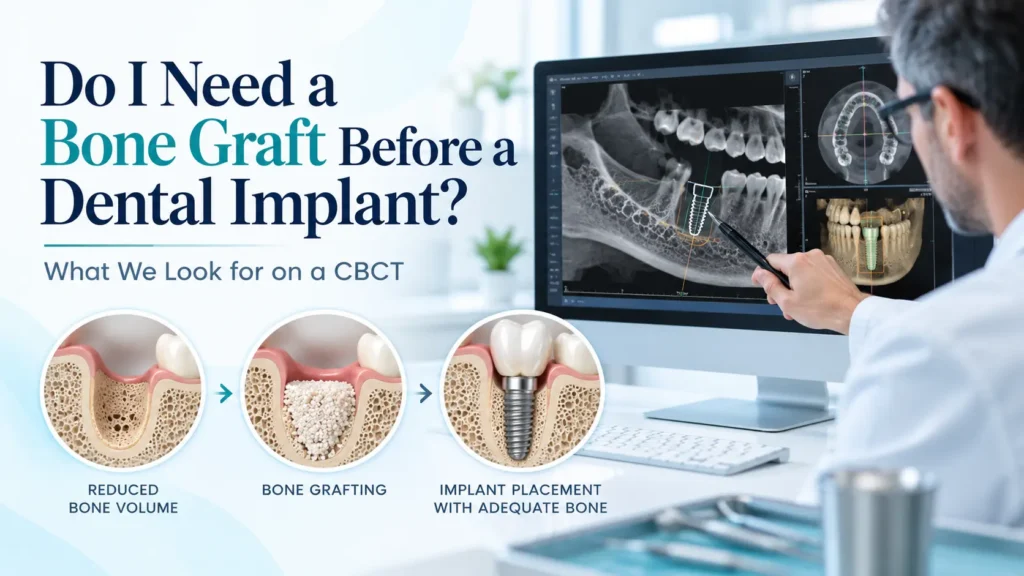 Dentist reviewing a CBCT scan to assess bone before dental implant treatment