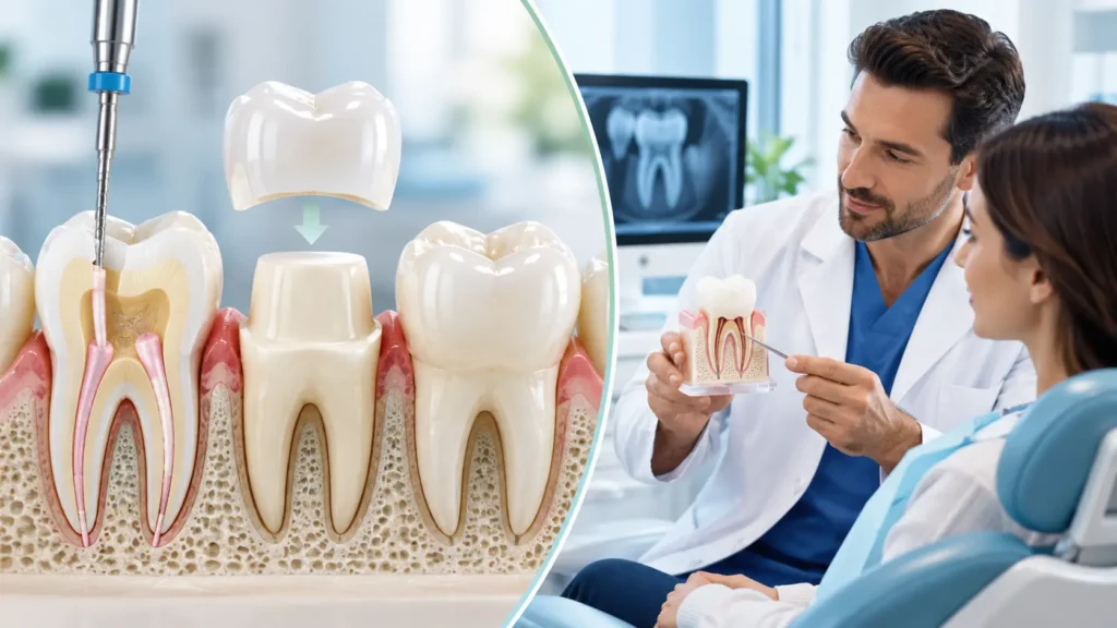 Root canal treated tooth with dental crown and dentist explaining crown after root canal treatment