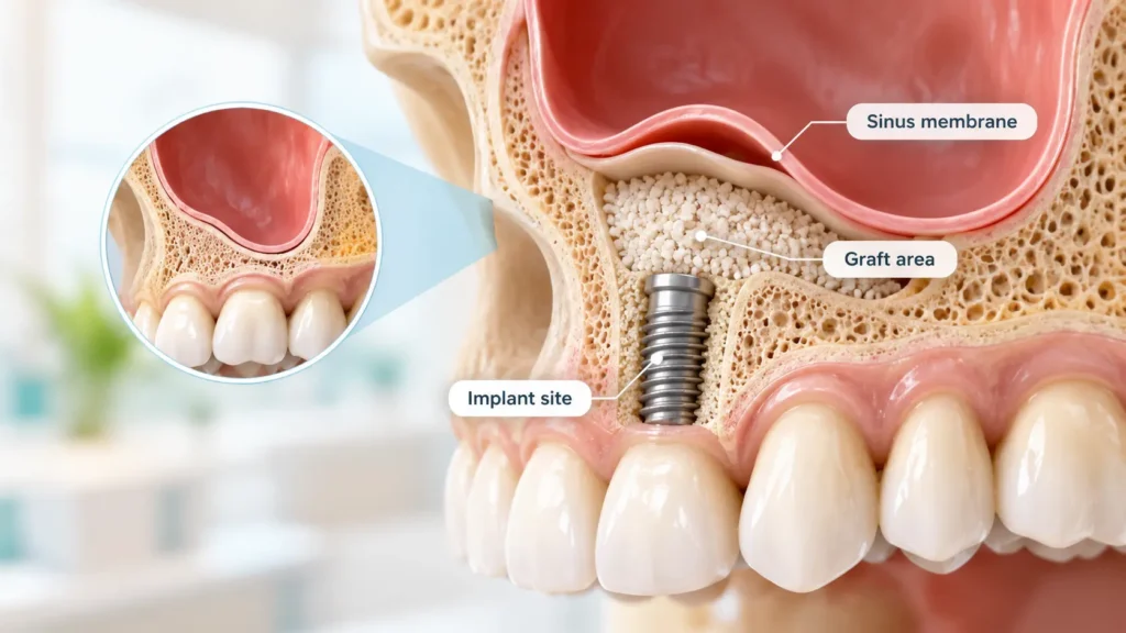 Sinus lift Dubai illustration showing bone augmentation for an upper jaw dental implant